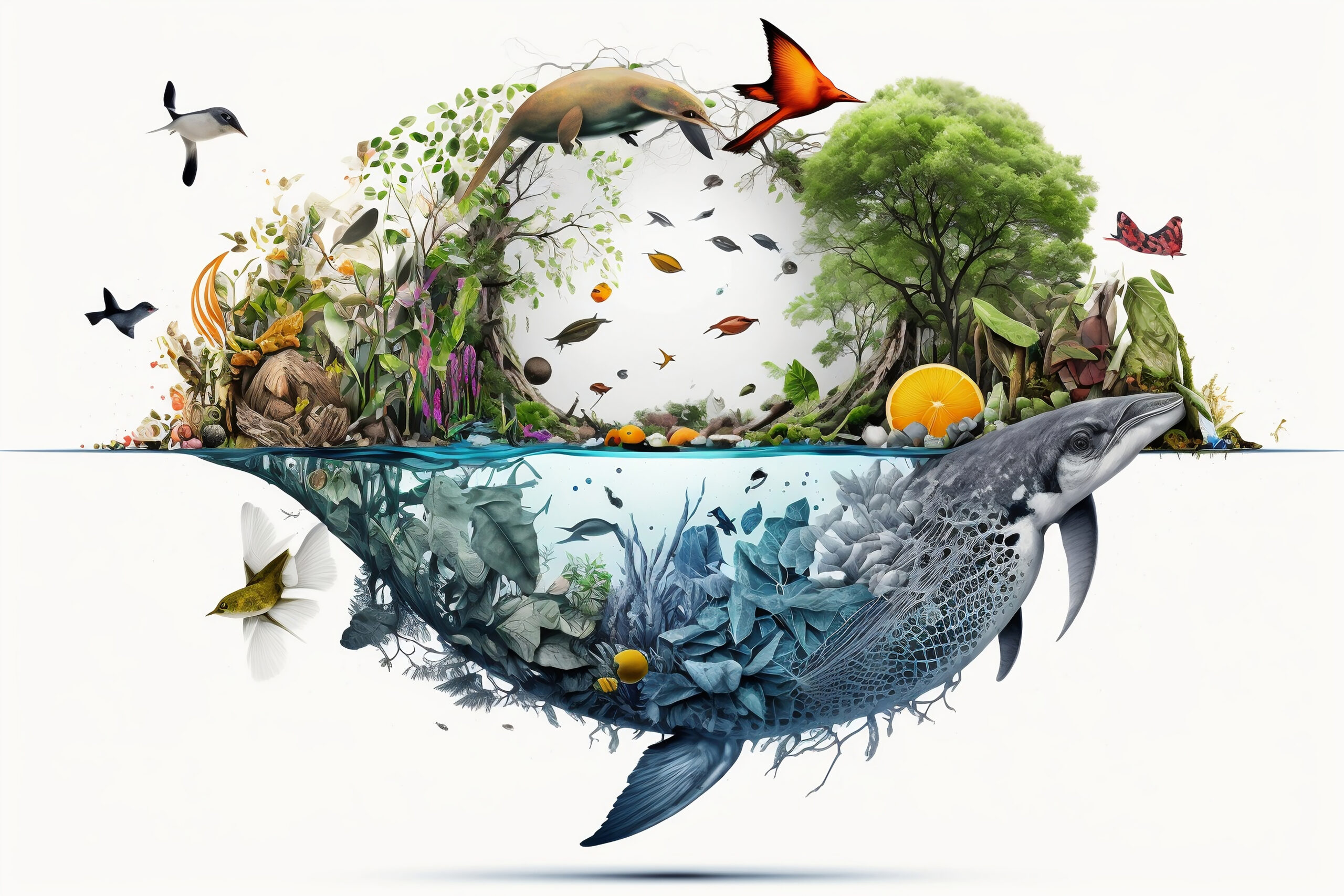 creative collage of biodiversity, ecosystem and protection of nature and water environment. Concept of saving the planet